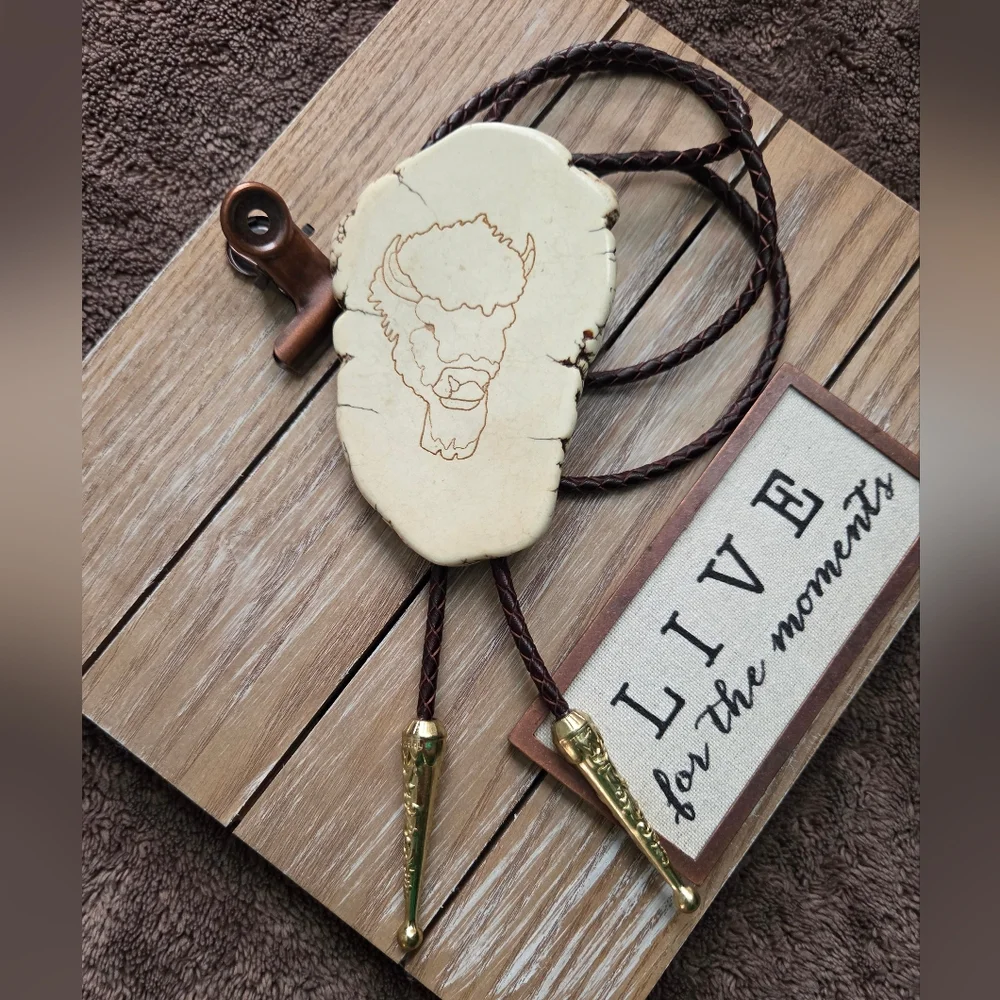Southwestern Large Buffalo Lazer Cut Howlite Slab Bolo Tie Necklace Western